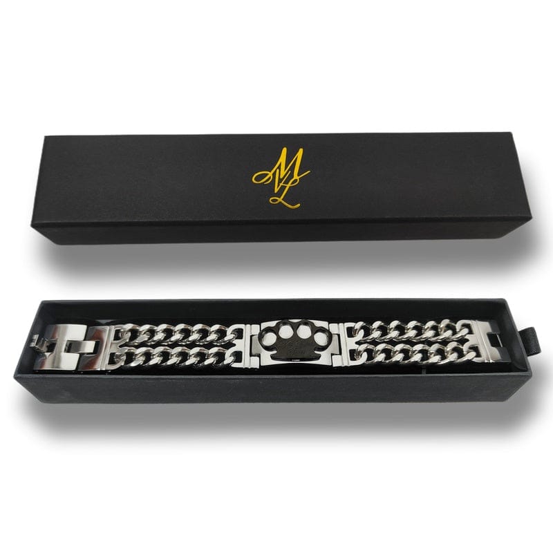 Mi Vida Loca MVL armband zilver/zwart met zwarte MVL logo-plaat in de open geschenkdoos