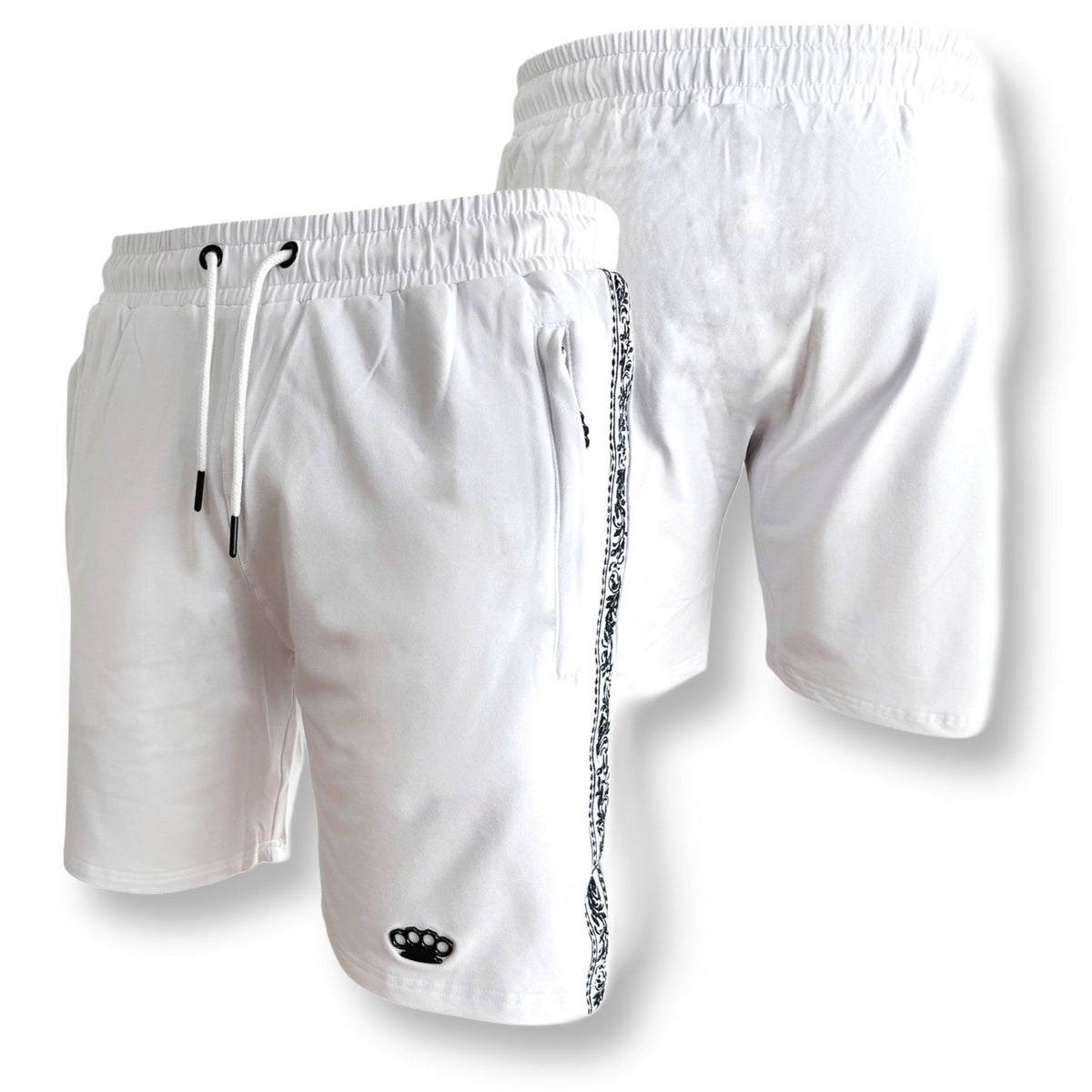Mi Vida Loca Meander korte joggingbroek wit met zwarte Meander band, voor- en achterkant