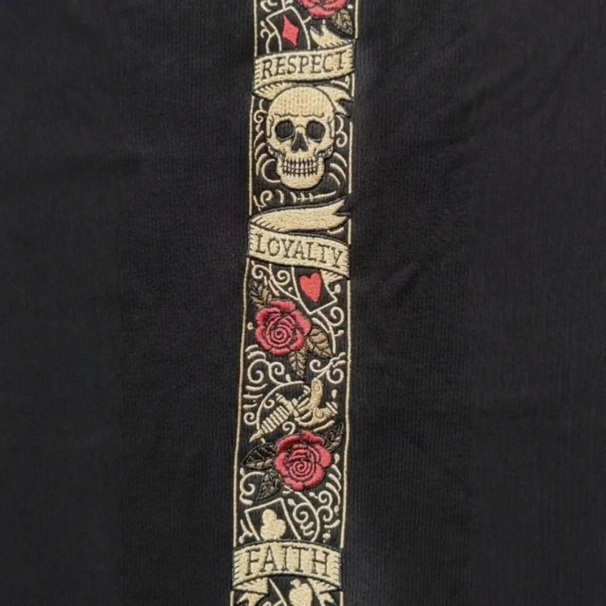 Primer plano de la banda bordada LFR con Respect, Loyalty y Faith, calavera y rosas sobre tela negra