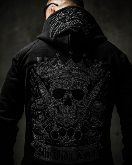 Mi Vida Loca Dark AK King hoodie in black, back with large skull print with AKs, worn by model