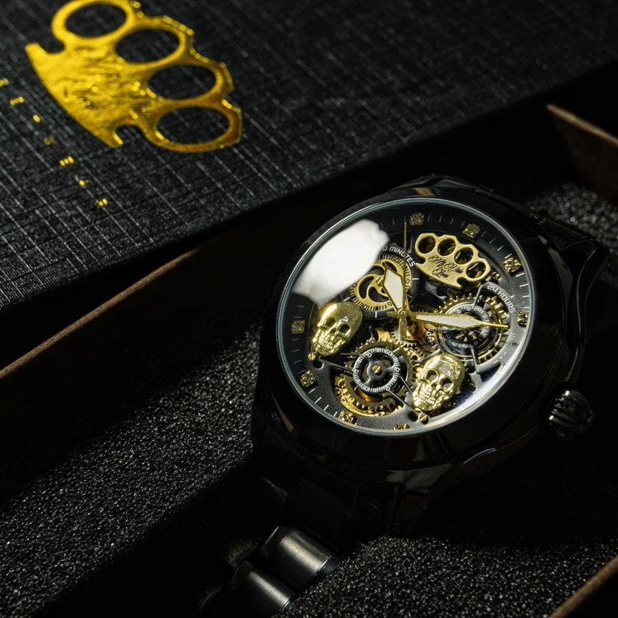 Montre automatique Mi Vida Loca Double skull noir mat avec cadran squelette, dans le coffret MVL