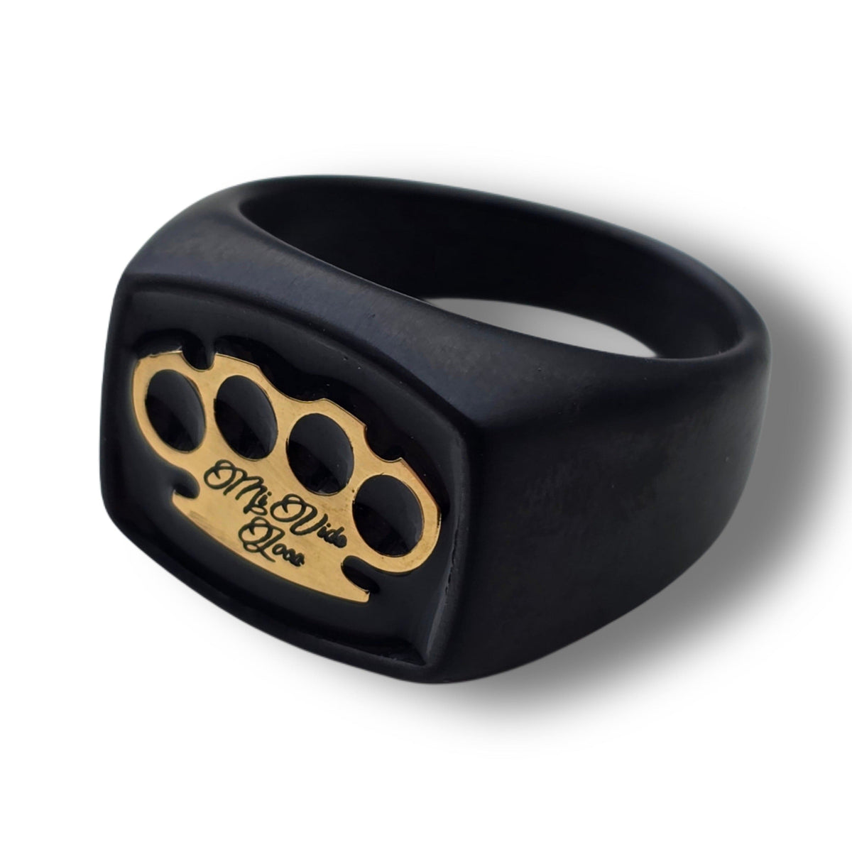 Mi Vida Loca Signet ring in black/gold, matte black signet ring with 18k gold plated MVL logo, angled view