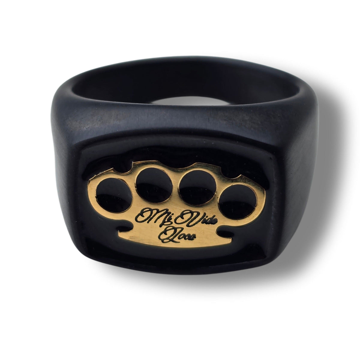 MVL Signet ring in black/gold straight from the front with the gold MVL logo and Mi Vida Loca engraving