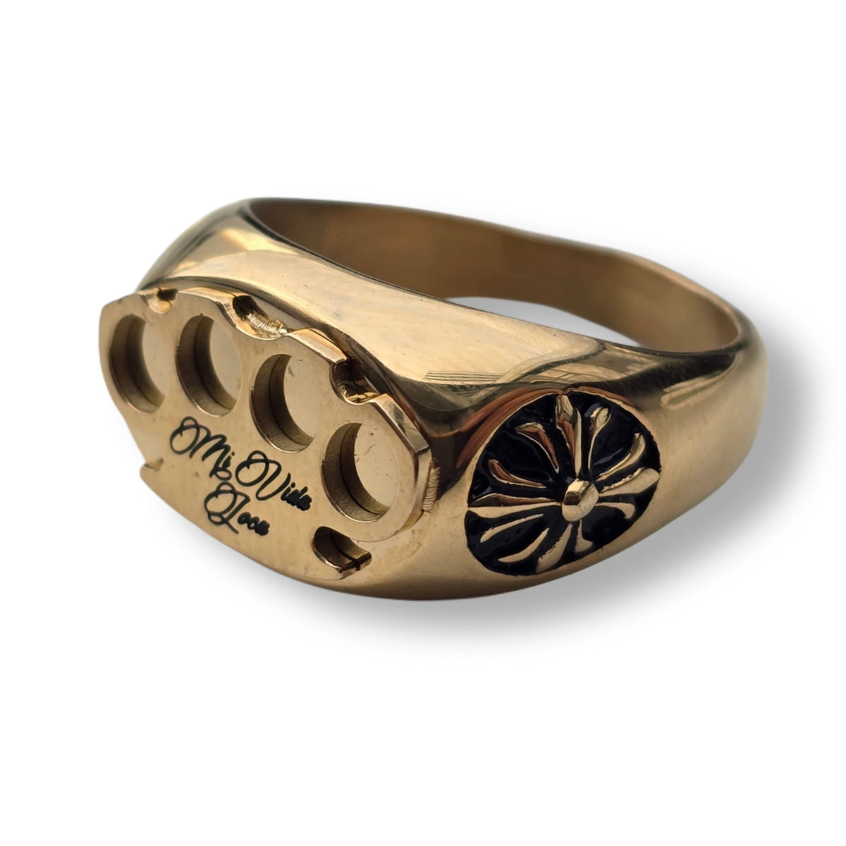 Mi Vida Loca Logo ring in gold with 3D MVL logo and engraved lettering, angled view
