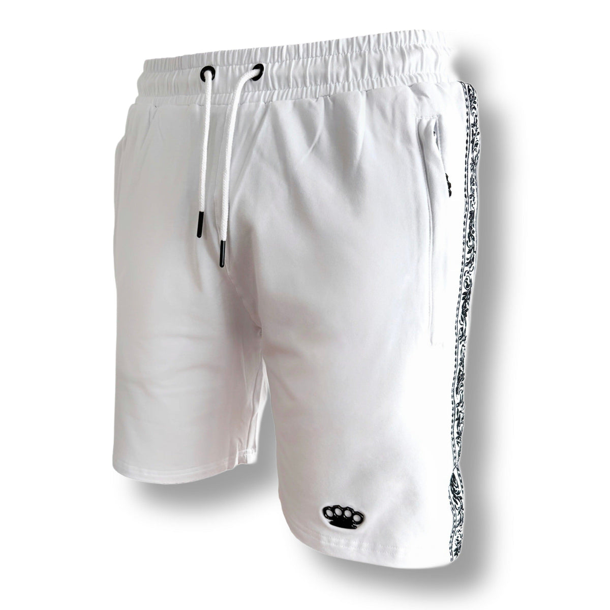 MVL Meander korte broek wit met koord, zakrits en zwart MVL logo, schuin vooraanzicht