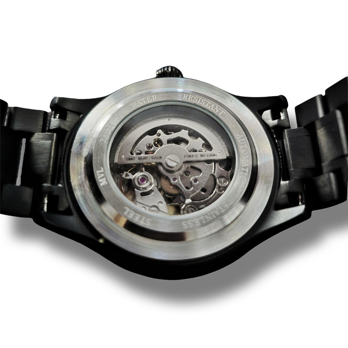 Dos de la montre Double skull avec boîtier en verre et mouvement automatique visible