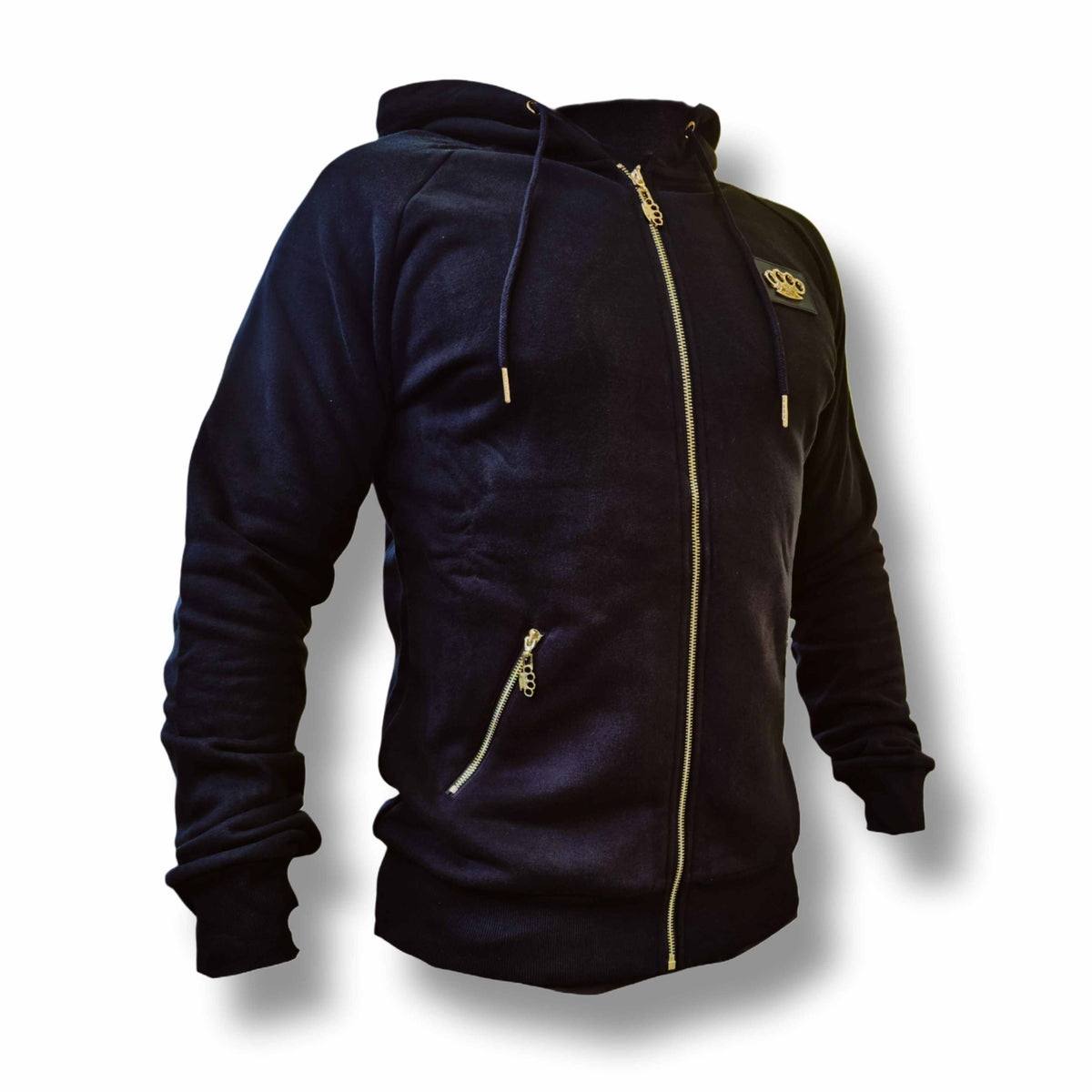 MVL Final boss hoodie zwart met gouden rits en MVL logo, voorkant schuin op witte achtergrond