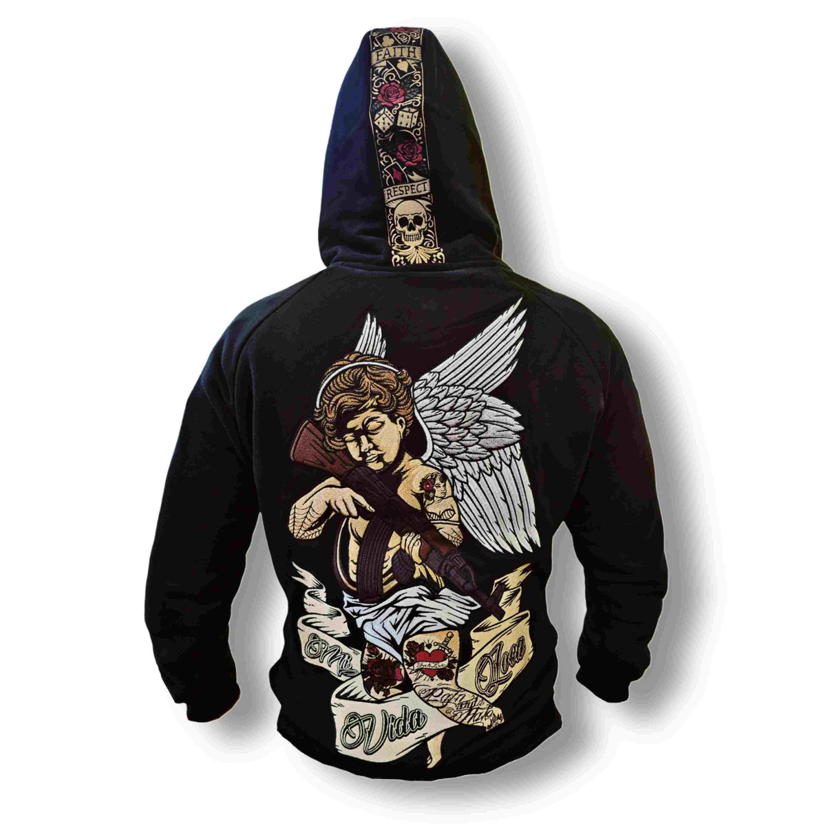 Achterkant van de zwarte MVL Cupid with gun hoodie met borduurwerk op rug en capuchon, witte achtergrond