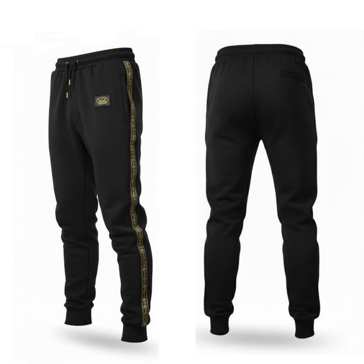 Pantalon de jogging MVL Meander noir, devant et dos sur fond blanc