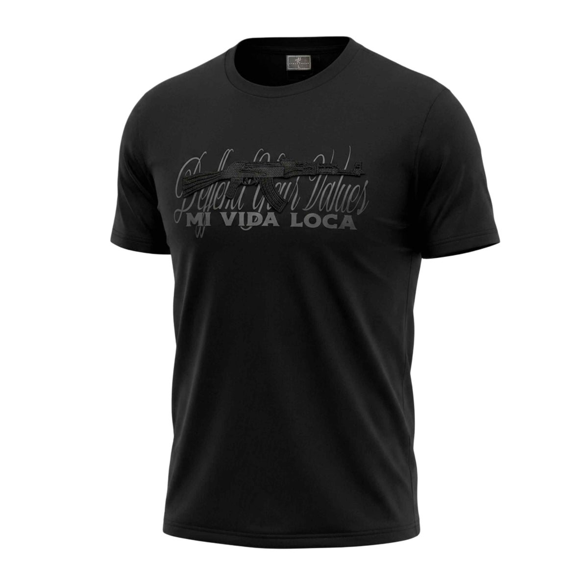 Camiseta Mi Vida Loca Defend your values negra con estampado tono sobre tono y texto Mi Vida Loca, delantera
