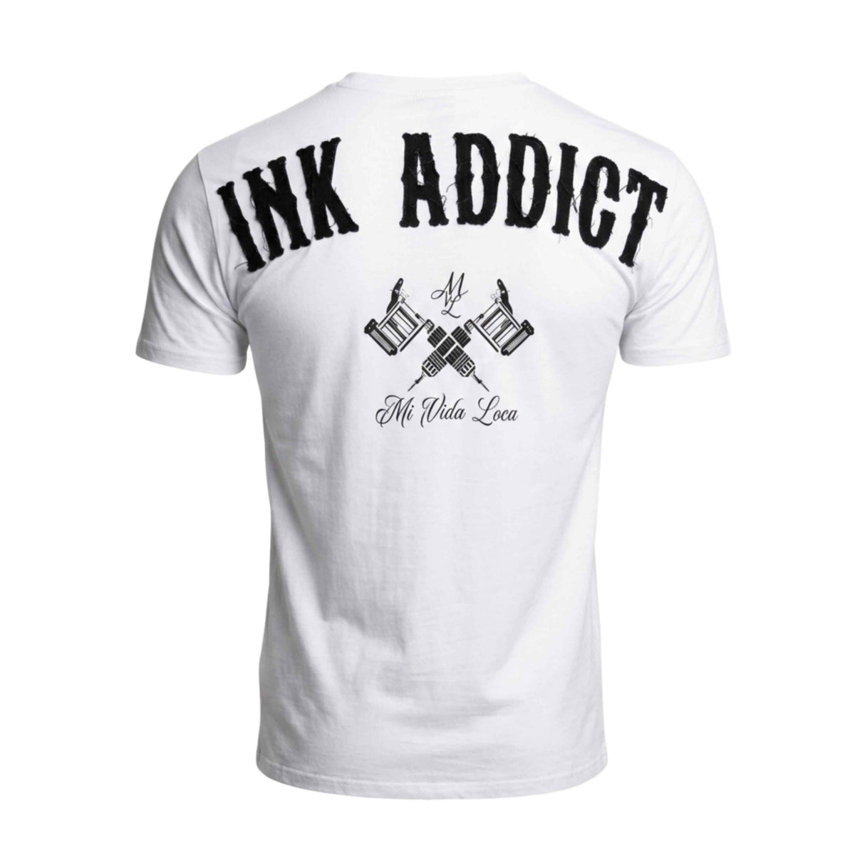 Koszulka Mi Vida Loca Ink addict biała, tył z dużym napisem Ink addict i maszynkami do tatuażu