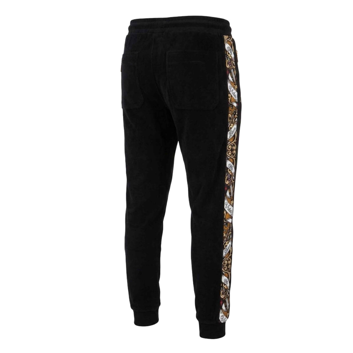 Back of the black MVL Savage ornate joggers with ornate side band