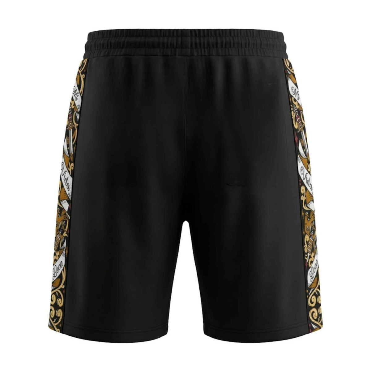 Back of the black Savage ornate shorts with ornate side bands on a white background