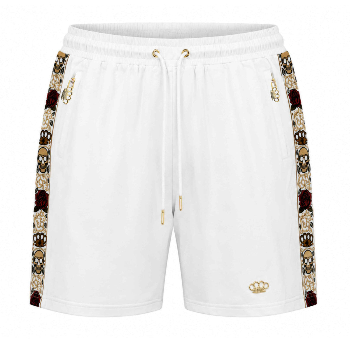 Mi Vida Loca Calavera shorts in white with skull and roses side bands and gold MVL logo, front