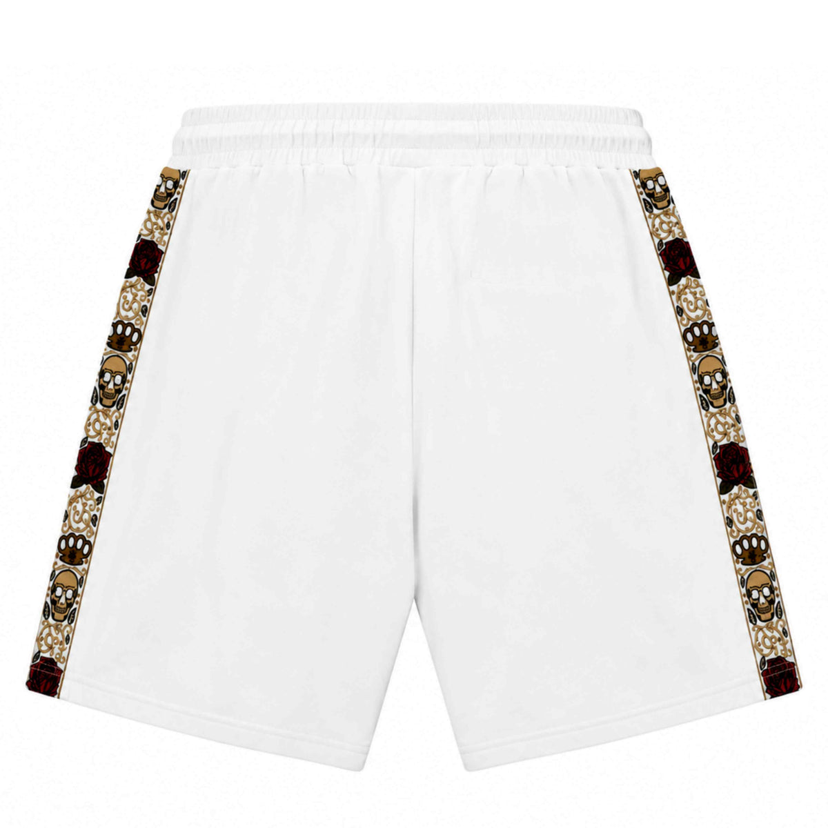 Retro degli shorts Calavera bianchi con bande laterali con teschio e rose su sfondo bianco