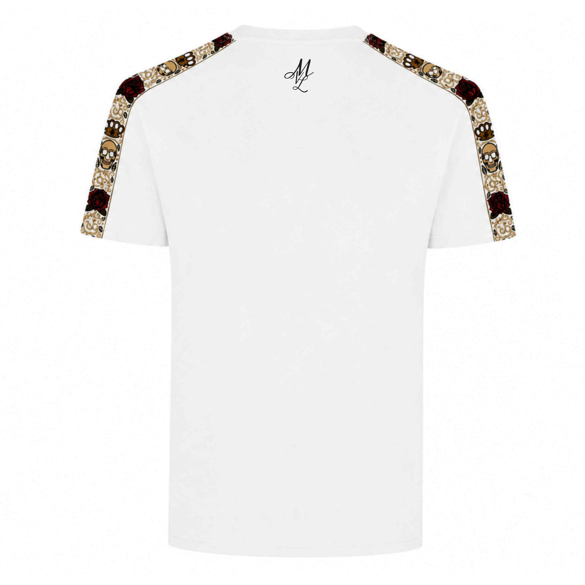 T-shirt MVL Calavera blanc, dos avec monogramme ML et bandes d'épaules tête de mort