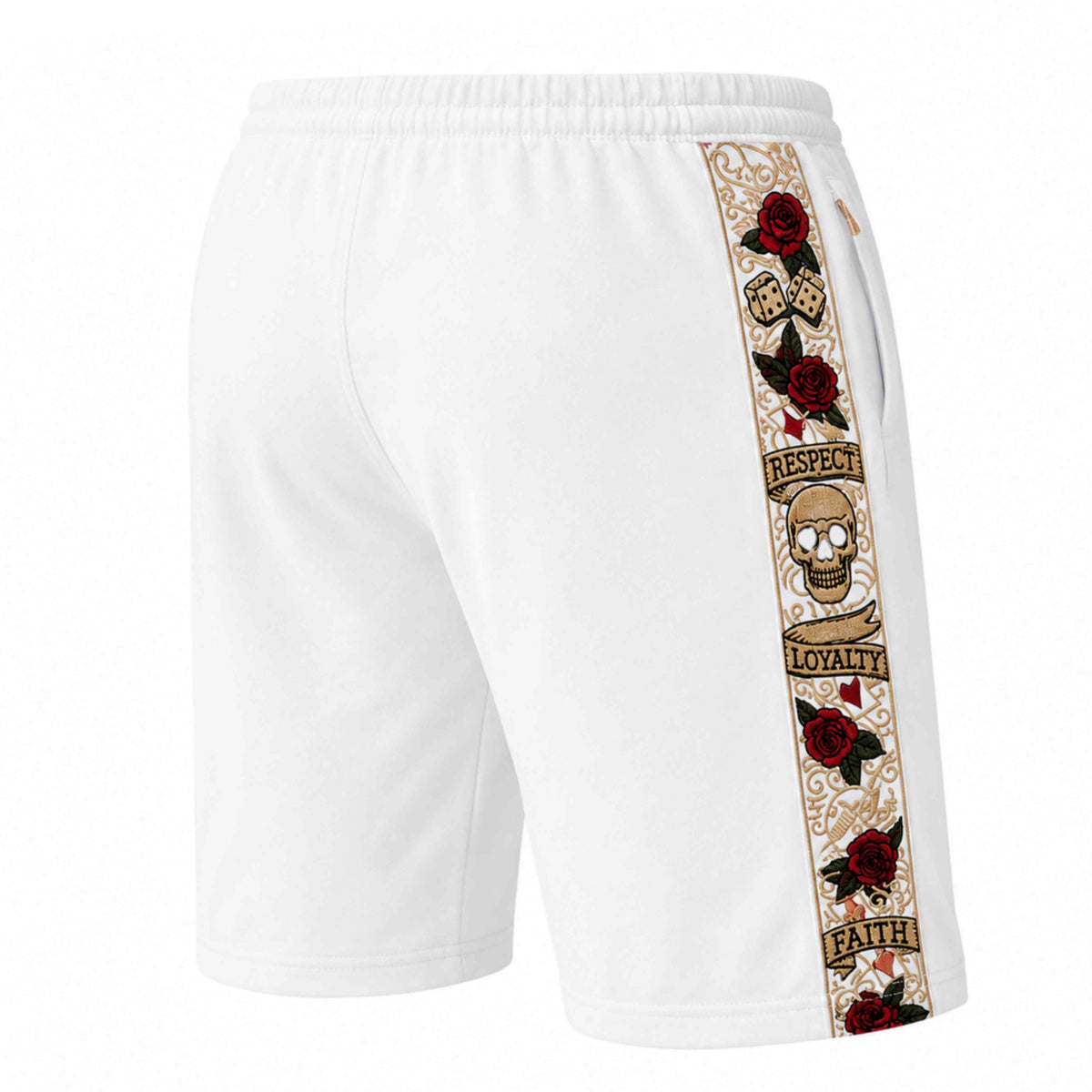Retro degli shorts MVL LFR bianchi con banda laterale colorata Respect Loyalty Faith