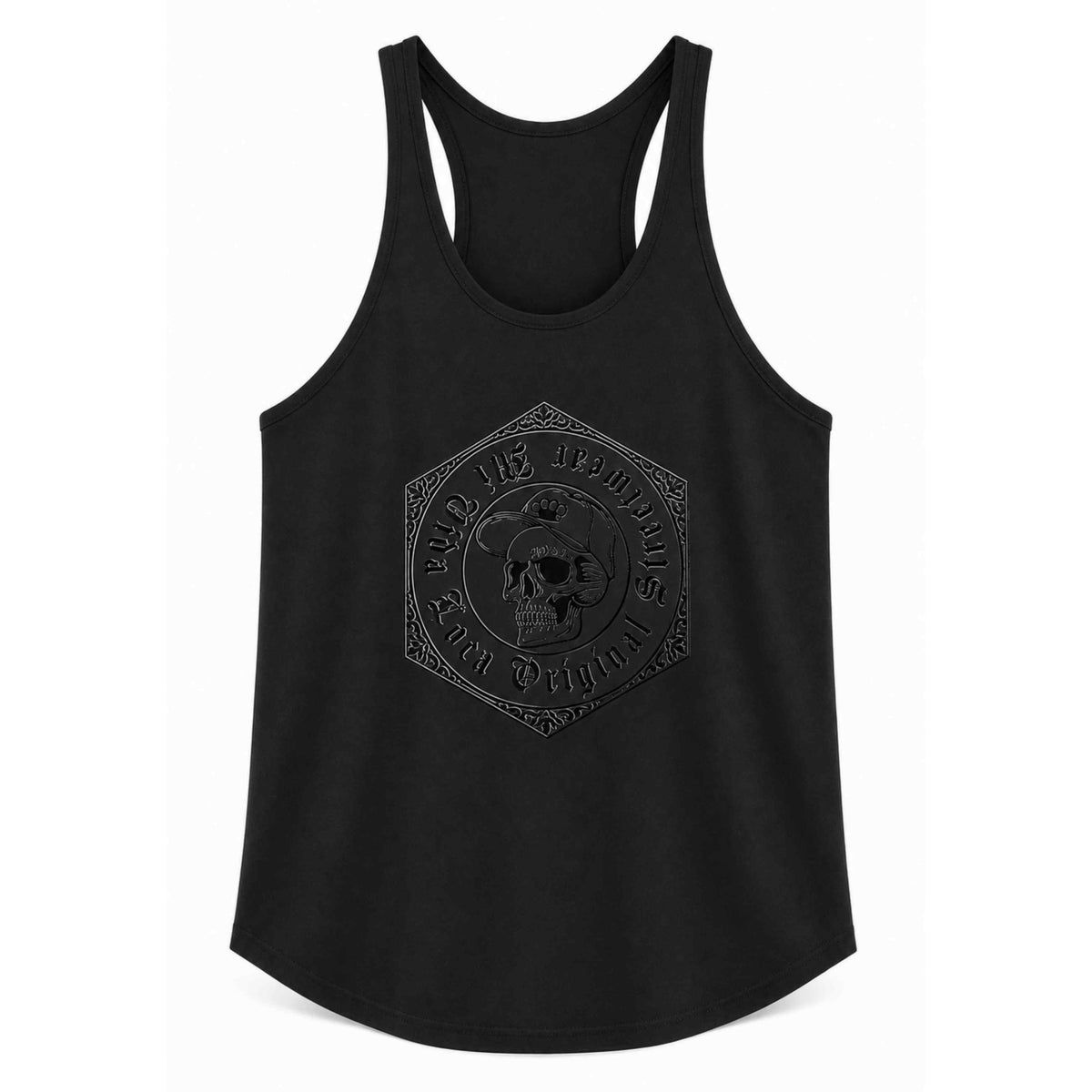 Débardeur Mi Vida Loca Original streetwear noir, devant avec imprimé tête de mort 3D ton sur ton dans un hexagone