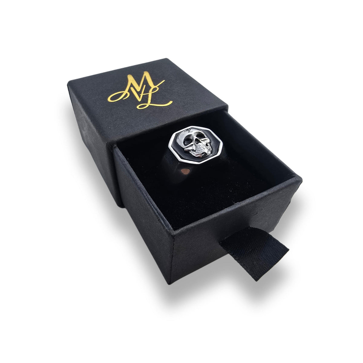 Silver MVL 3D Skull ring in the open black ring box with gold MVL monogram