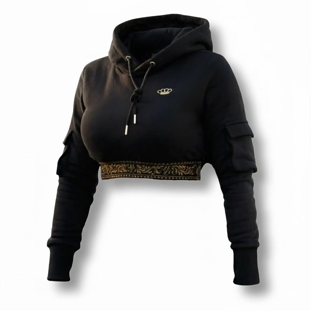 Black cropped MVL Meander women's hoodie with gold Meander band and cargo pockets on a white background