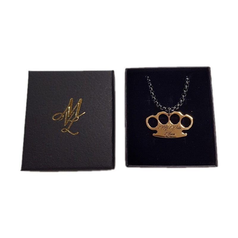MVL Logo chain Black / Gold in the open black gift box next to the lid with MVL logo