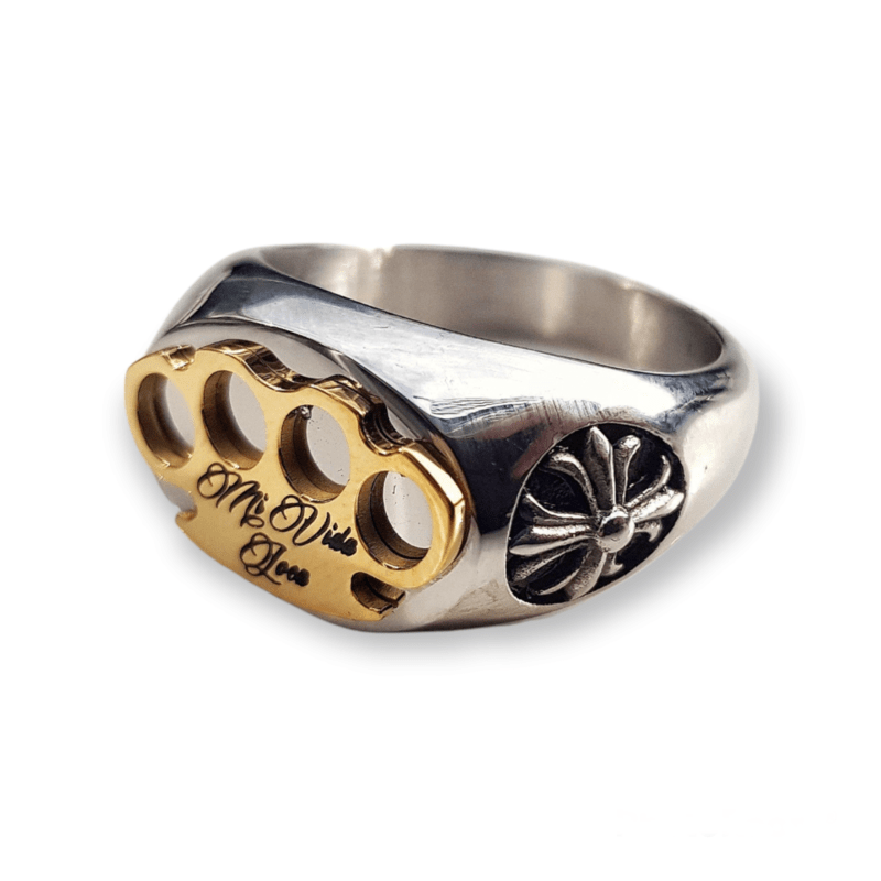 Mi Vida Loca MVL Logo ring in silver with gold MVL logo and Mi Vida Loca engraving, side view