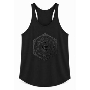 Débardeur Mi Vida Loca Original streetwear noir, devant avec imprimé tête de mort 3D ton sur ton dans un hexagone